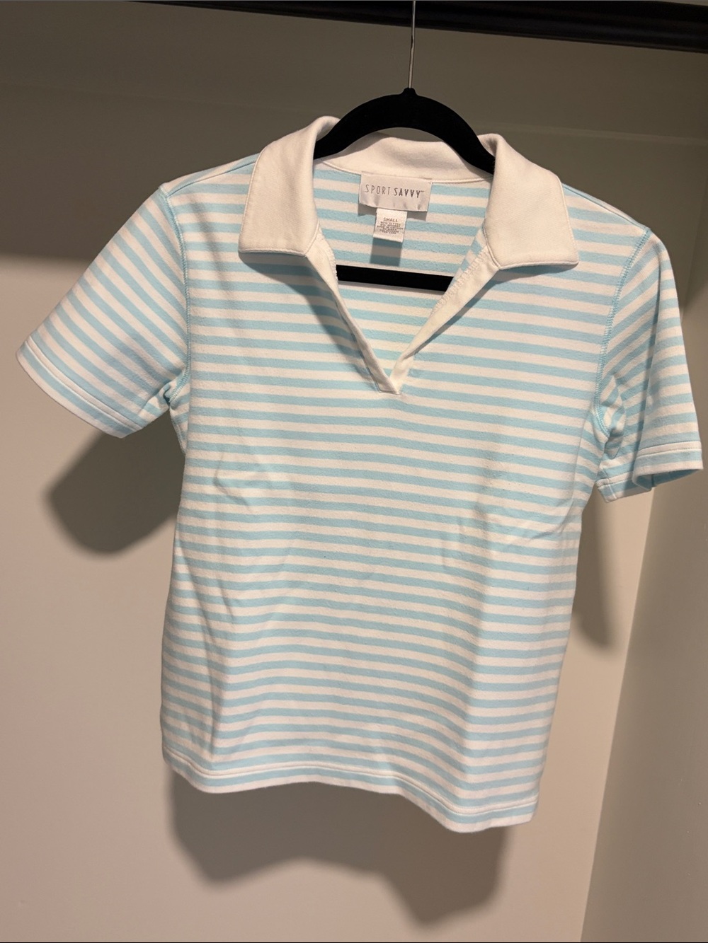 Sport Savvy Women's Light Blue & White Striped Polo Tee
